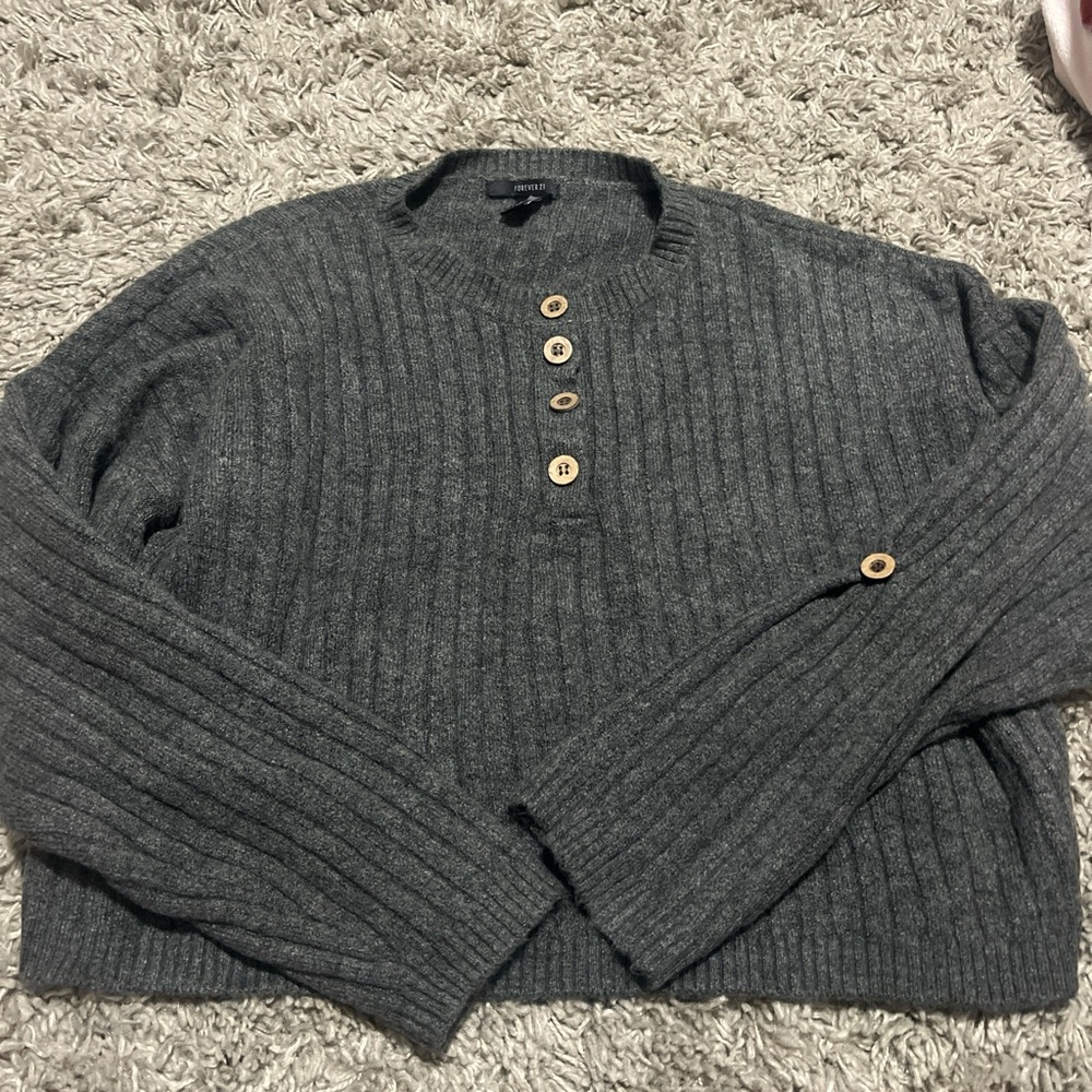 Gray Ribbed Sweater with Button Accents